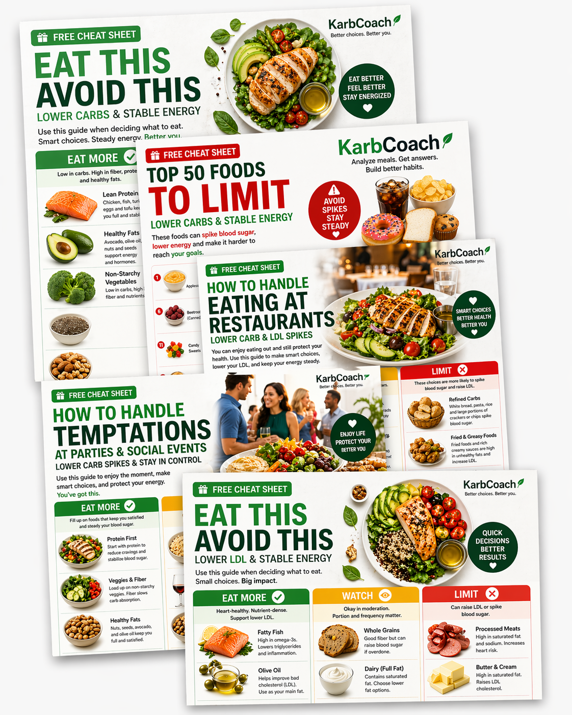Preview collage of KarbCoach free nutrition cheat sheets