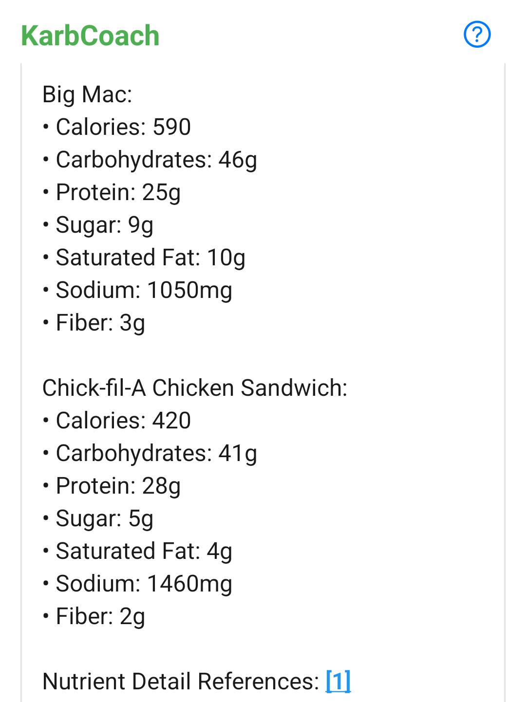 KarbCoach comparing a Big Mac and Chick-fil-A Chicken Sandwich nutrition details