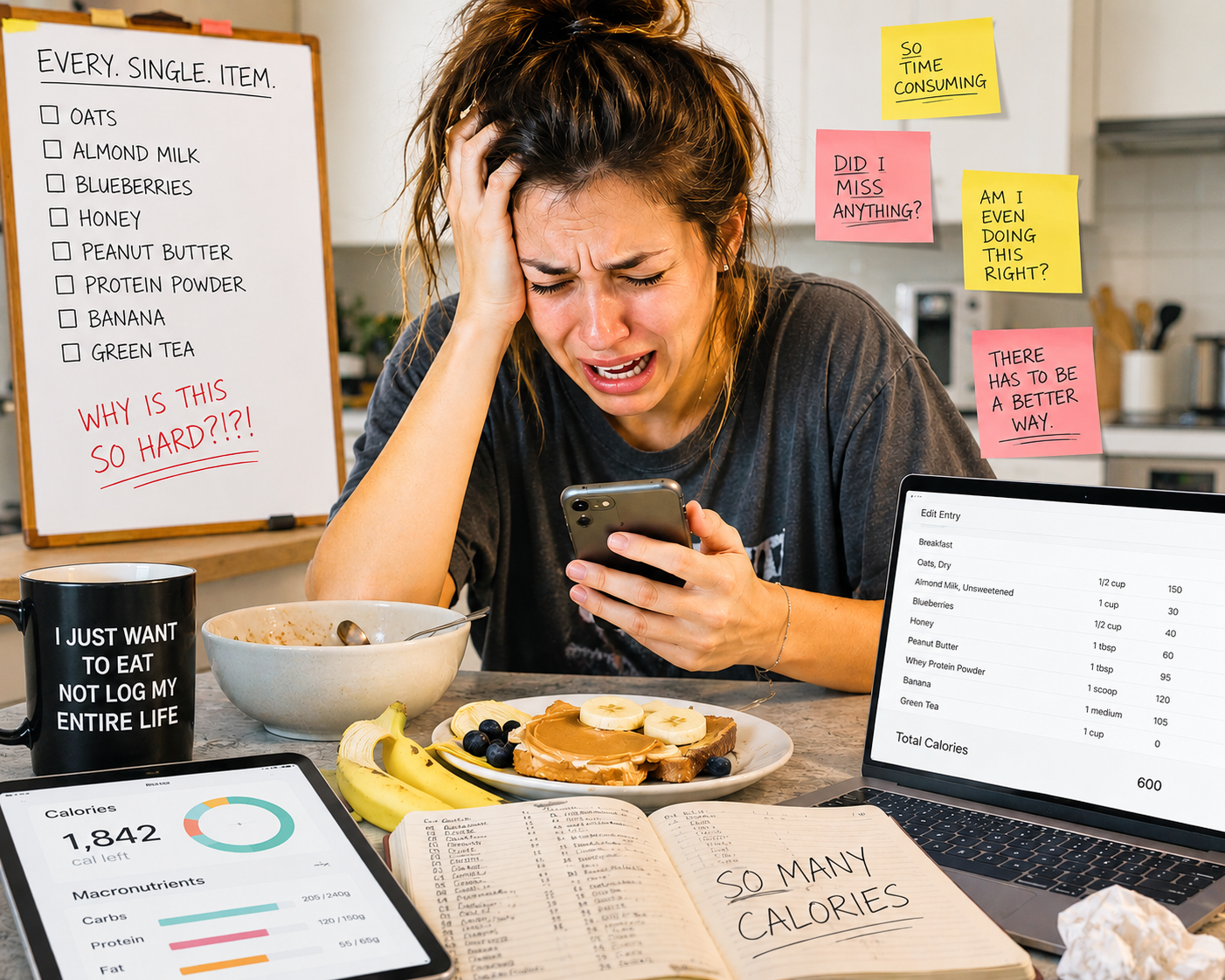 Frustrated person overwhelmed by food choices and nutrition decisions