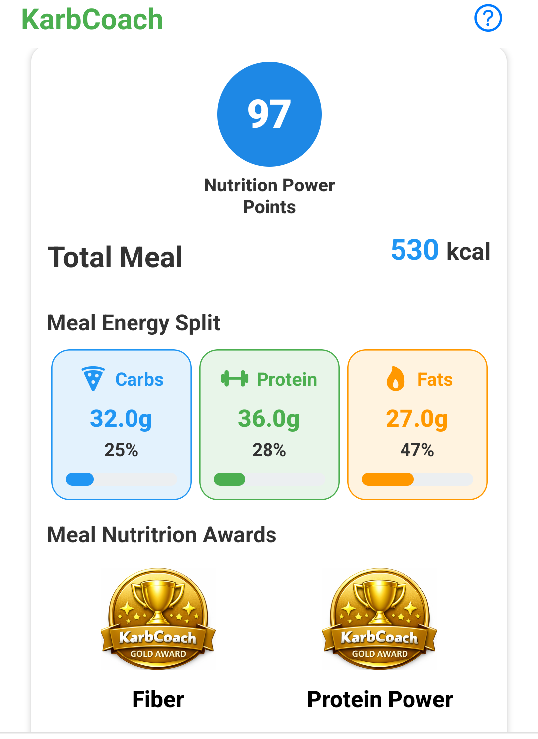 KarbCoach meal quality score and Nutrition Power Points screen