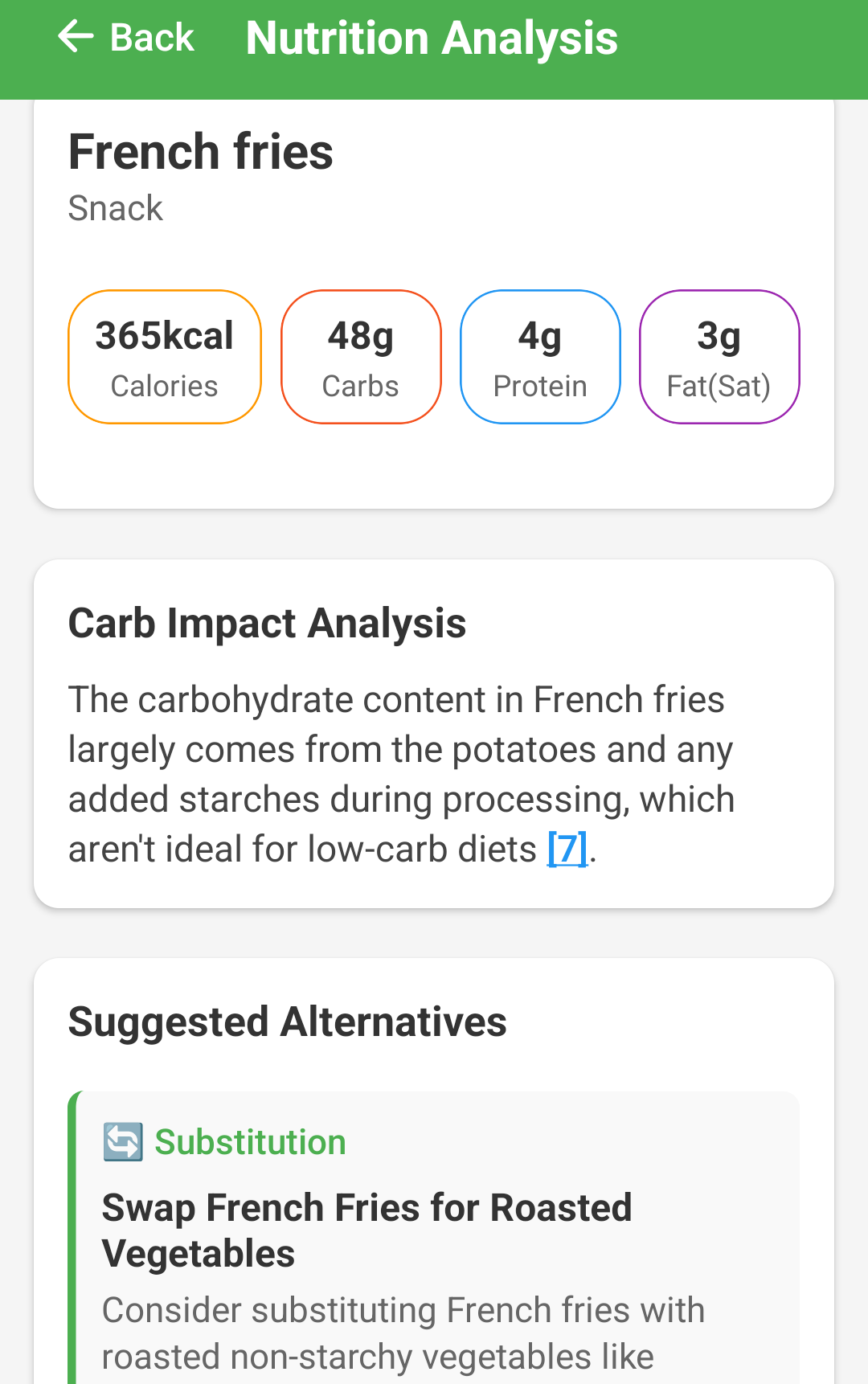 KarbCoach AI meal advice and feedback screen