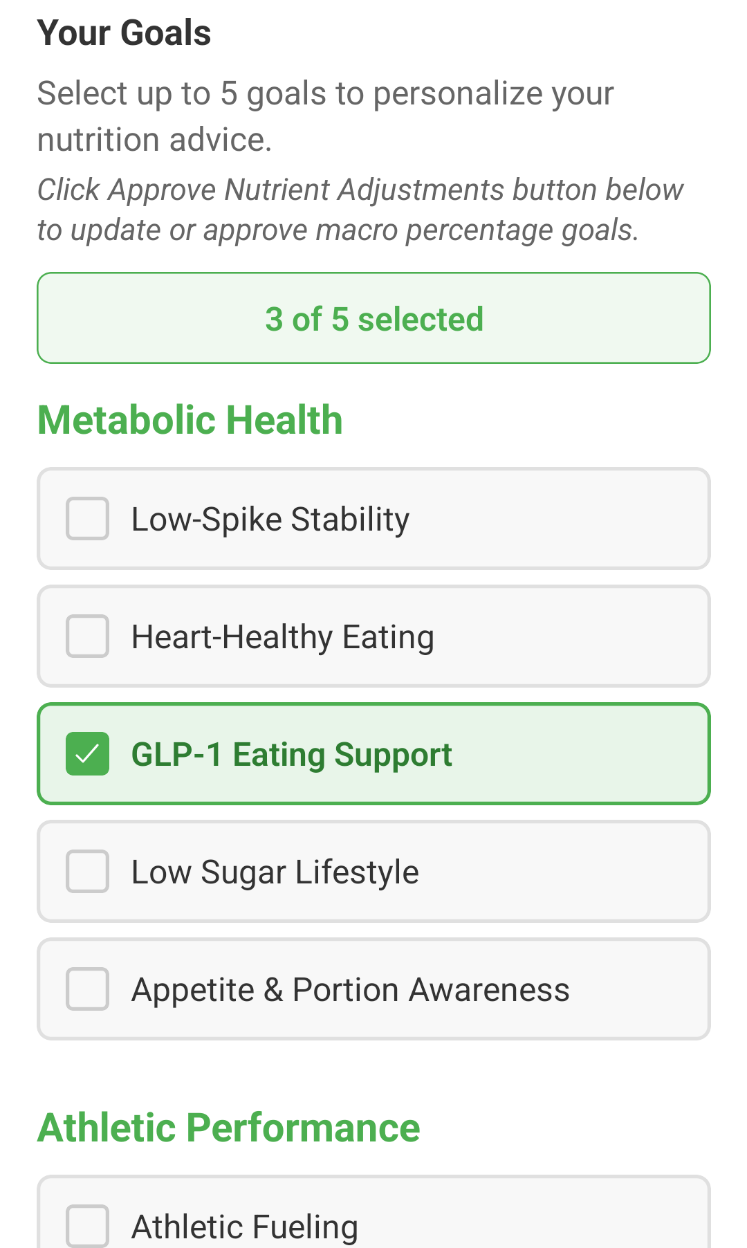 KarbCoach nutrition goals and macro targets screen