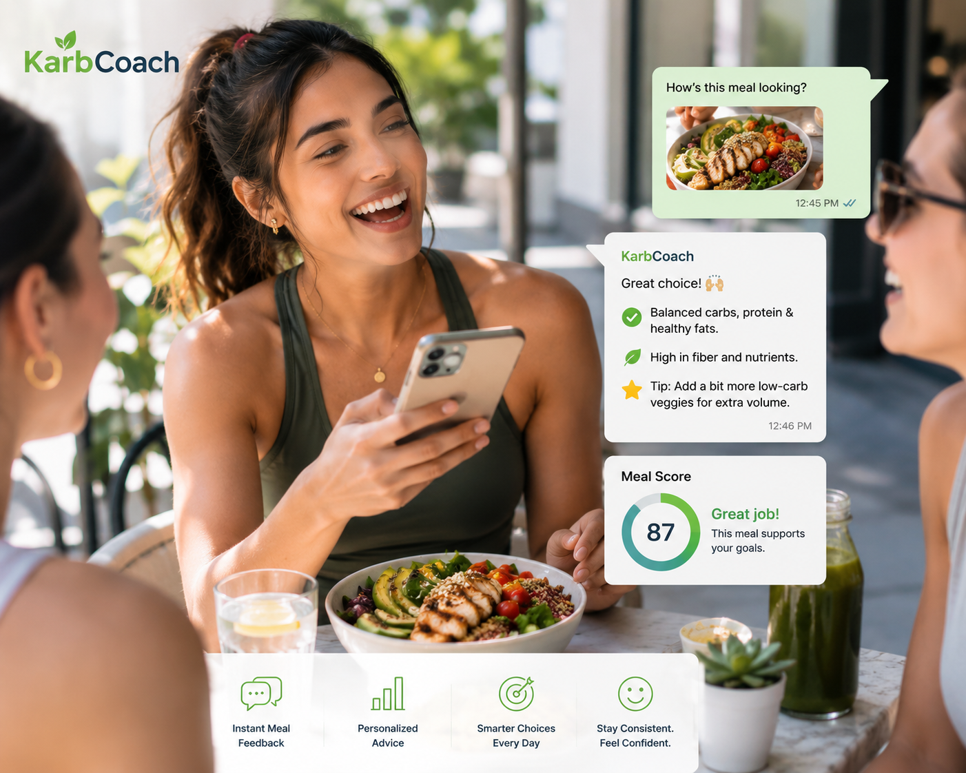 Happy young woman making a smarter meal choice with AI nutrition guidance